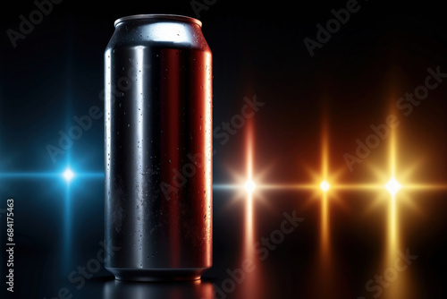 Aluminum energy drink soda can on a dark glowing background 