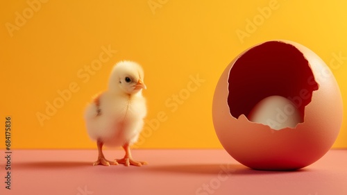 Easter egg with little chick hatching egg on isolated yellow background. © Virtual Art Studio