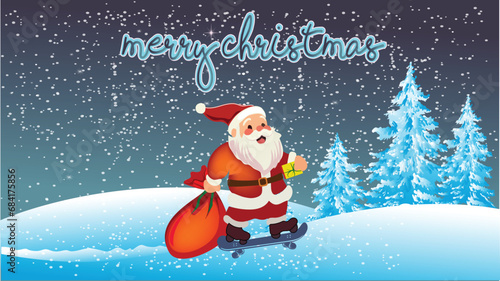Happy Cartoon Santa Claus skating with red bag in hand Christmas illustrations on snow winter background. Merry Christmas Greetings Banner or Poster
