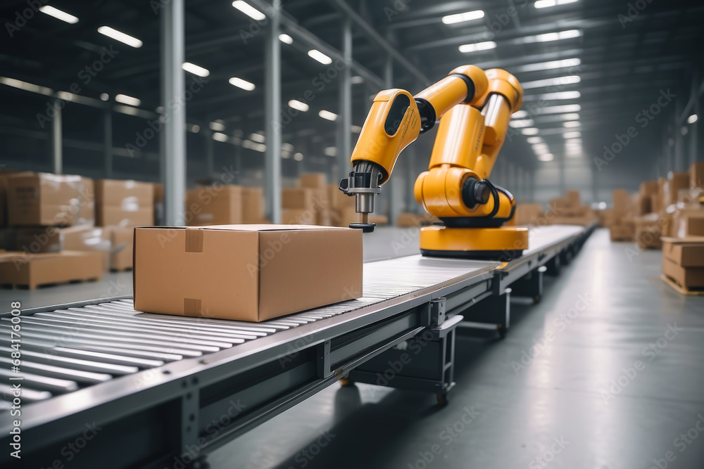 Industrial robot arm grabbing the cardboard box on roller conveyor rack ...