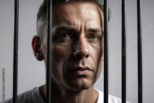 the man is behind bars in prison. The concept of the conclusion. Crime and punishment. Close-up of the portrait .