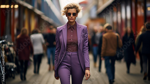 a professional street style photo of female dressed in purple suit walking on the long coridor crowdy street, alot of people photo