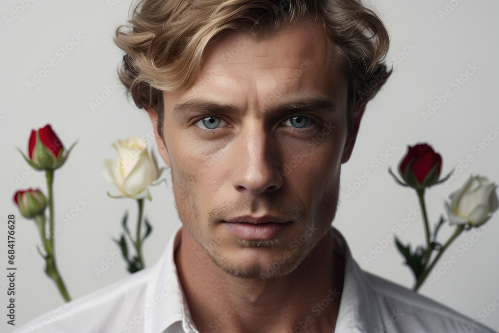 close-up portrait of a guy with flowers decorating her head and hair. men holiday. White background close-up portrait of a guy with flowers decorating her head and hair. men holiday. White background