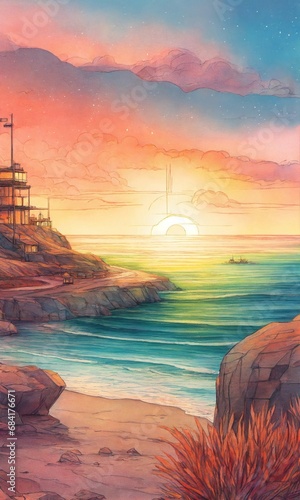 Create a vector pencil sketch of the futuristic and dystopian coastal seascape using colored pencils, inspired by impressionism.
