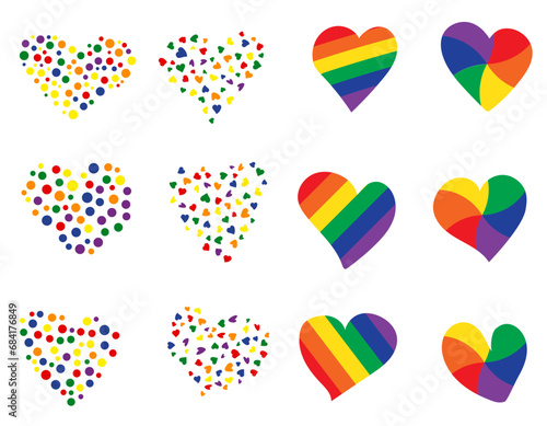 Collection of heart shapes hand-drawn. Symbol of love. Design elements for pride month cards. LGBTQ+ colors concept