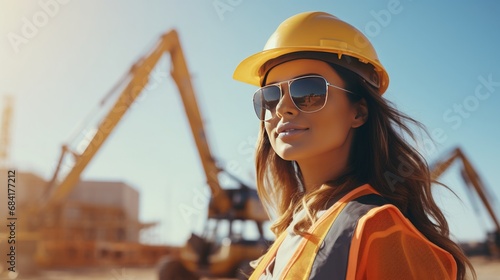 female Civil Engineer Wearing Protective Goggles, Construction Site, sunny day, copy space, 16:9 photo