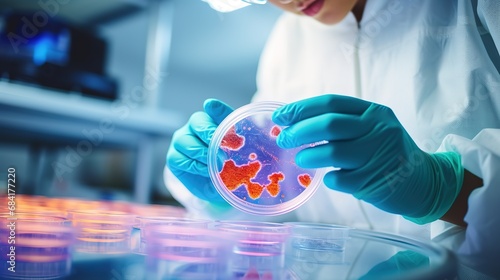 Lab technician examining a petri dish containing a precision fermentation sample, representing advanced biotechnology research photo