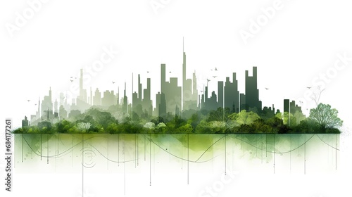 Green bar graph made from cityscape and lush greenery, a creative concept illustrating urban development's impact on the environment and the importance of sustainable growth photo