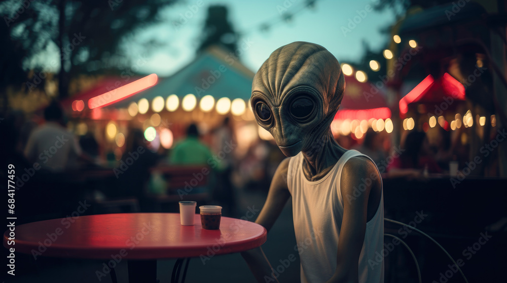 Aliens Among Us. An extraterrestrial being dressed as a human in an amusement park, arrived for a date.