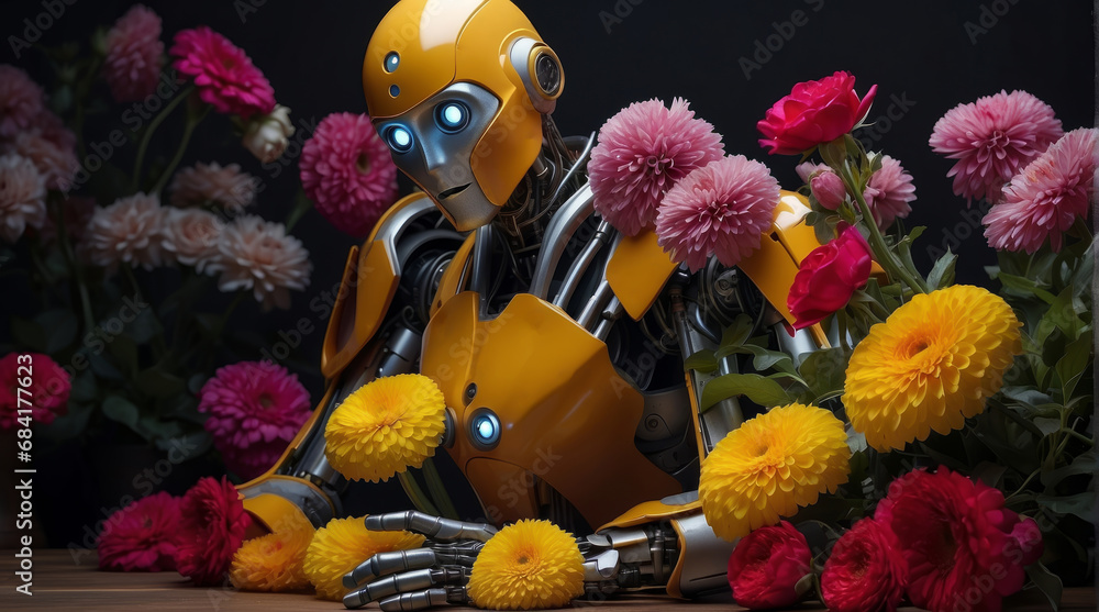 A florist robot working in the market surrounded by flowers. a modern flower shop. tulips for women's Day on March 8th. the banner. Cyborg is working