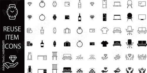 リユース品の線画とシルエットのアイコンセット