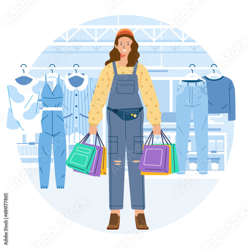 Young happiness joyful shopaholic stylish fashionable woman at retail mall store carrying shopping bags