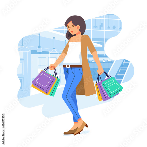 Young happiness joyful shopaholic stylish fashionable woman at retail mall store carrying shopping bags