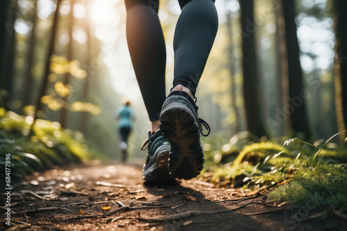 closeup photo similar of feet walking with running shoes and sport leggins at a path in the forest