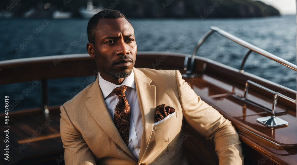 rich, handsome adult serious black African American man. Successful and elegant businessman standing on a luxury yacht on a summer day at sea. Wealth and success concept