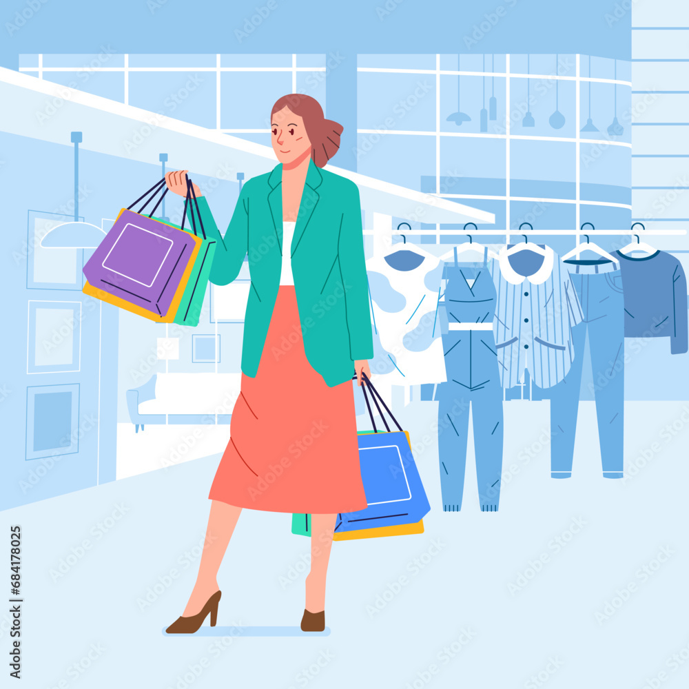 Young happiness joyful shopaholic stylish fashionable woman at retail mall store carrying shopping bags Young happiness joyful shopaholic stylish fashionable woman at retail mall store carrying shopping bags