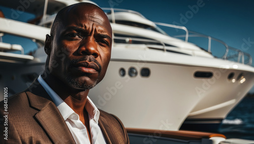 rich, handsome adult serious black African American man. Successful and elegant businessman standing on a luxury yacht on a summer day at sea. Wealth and success concept. banner
