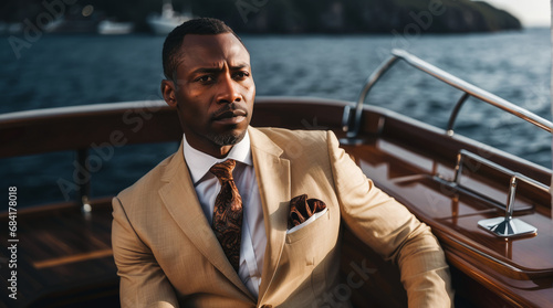 Obraz na płótnie rich, handsome adult serious black African American man. Successful and elegant businessman standing on a luxury yacht on a summer day at sea. Wealth and success concept w salonie
