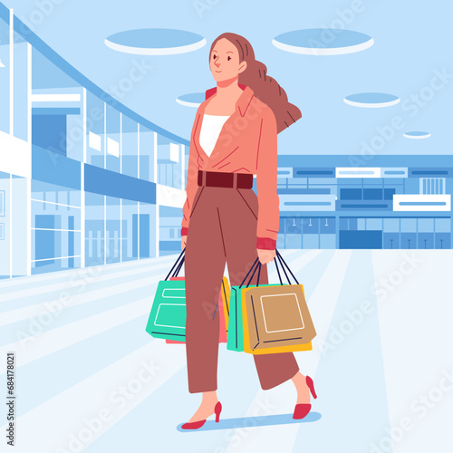 Young happiness joyful shopaholic stylish fashionable woman at retail mall store carrying shopping bags