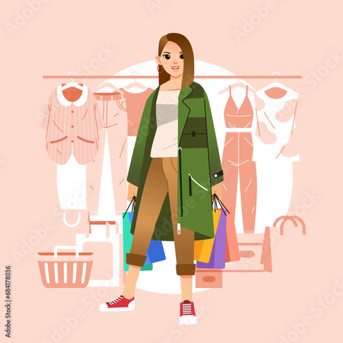 Young happiness joyful shopaholic stylish fashionable woman at retail mall store carrying shopping bags