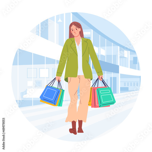 Young happiness joyful shopaholic stylish fashionable woman at retail mall store carrying shopping bags