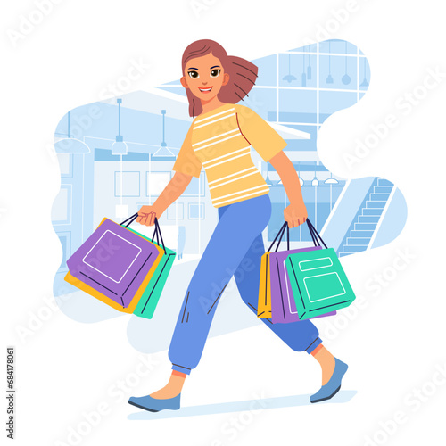Young happiness joyful shopaholic stylish fashionable woman at retail mall store carrying shopping bags