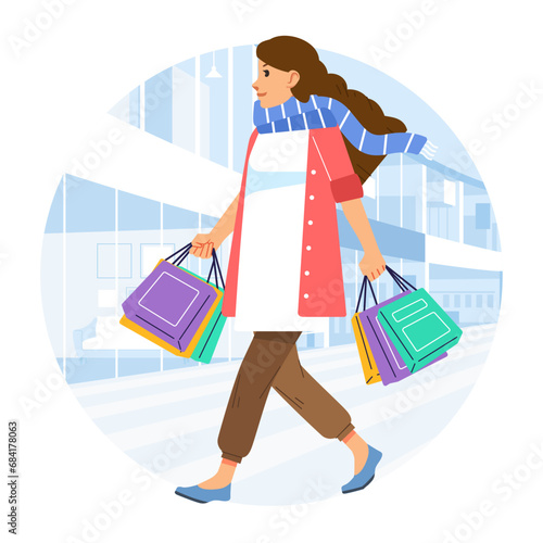 Young happiness joyful shopaholic stylish fashionable woman at retail mall store carrying shopping bags