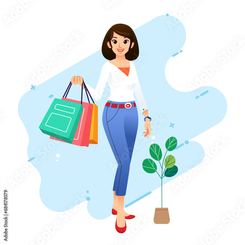 Young happiness joyful shopaholic stylish fashionable woman at retail mall store carrying shopping bags