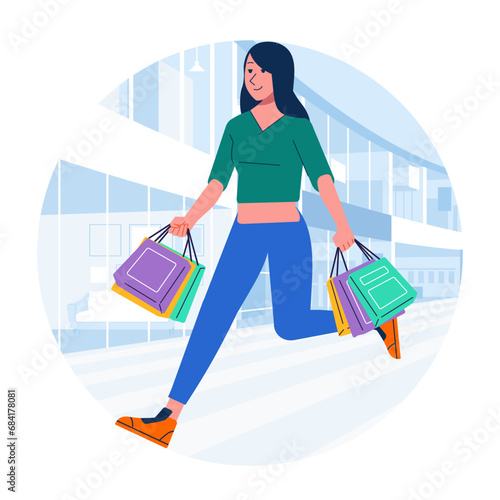 Young happiness joyful shopaholic stylish fashionable woman at retail mall store carrying shopping bags