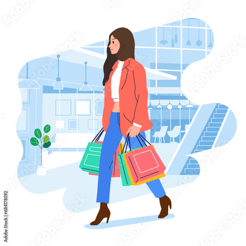 Young happiness joyful shopaholic stylish fashionable woman at retail mall store carrying shopping bags