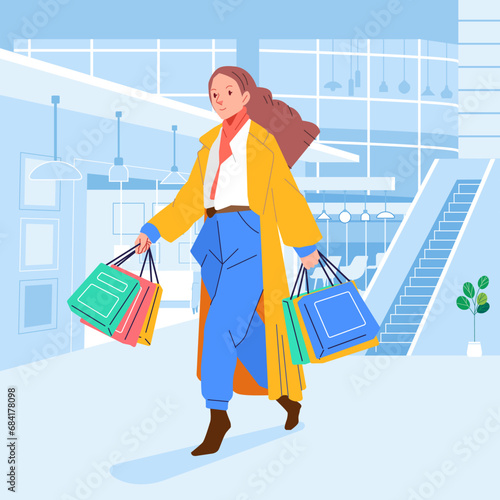 Young happiness joyful shopaholic stylish fashionable woman at retail mall store carrying shopping bags