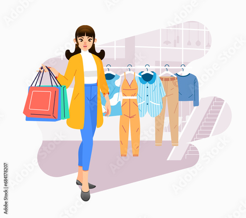 Young happiness joyful shopaholic stylish fashionable woman at retail mall store carrying shopping bags