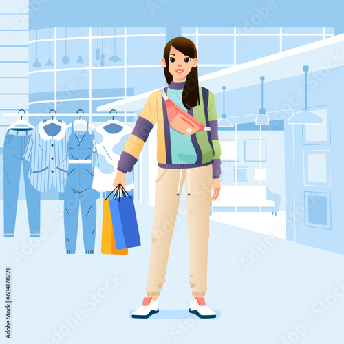 Young happiness joyful shopaholic stylish fashionable woman at retail mall store carrying shopping bags