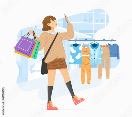 Young happiness joyful shopaholic stylish fashionable woman at retail mall store carrying shopping bags