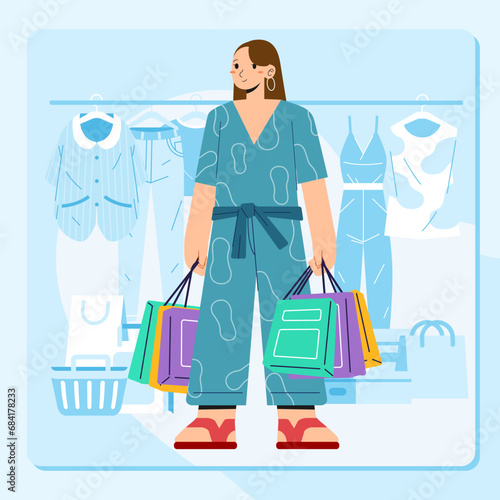 Young happiness joyful shopaholic stylish fashionable woman at retail mall store carrying shopping bags