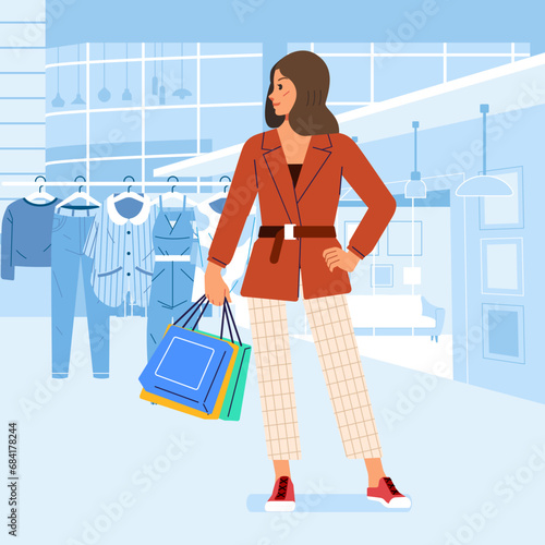 Young happiness joyful shopaholic stylish fashionable woman at retail mall store carrying shopping bags