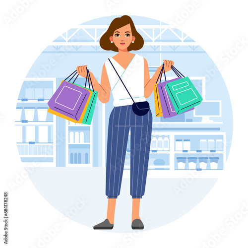Young happiness joyful shopaholic stylish fashionable woman at retail mall store carrying shopping bags