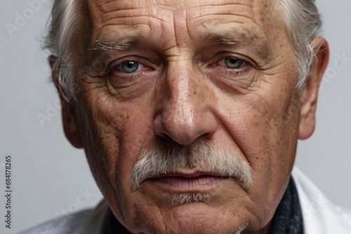 portrait of a lonely elderly man in close-up, an elderly pensioner, in a studio on a white background. Sad, reflecting a sense of loneliness and anxiety.