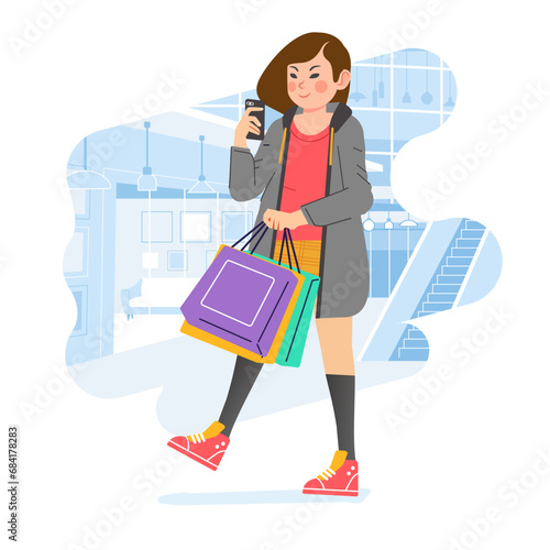 Young happiness joyful shopaholic stylish fashionable woman at retail mall store carrying shopping bags