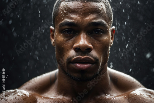 African American athlete outside in the rain. the concept of sports. Olympic Games. morning jog in bad weather. professional training for running competitions. portrait close-up man boxer