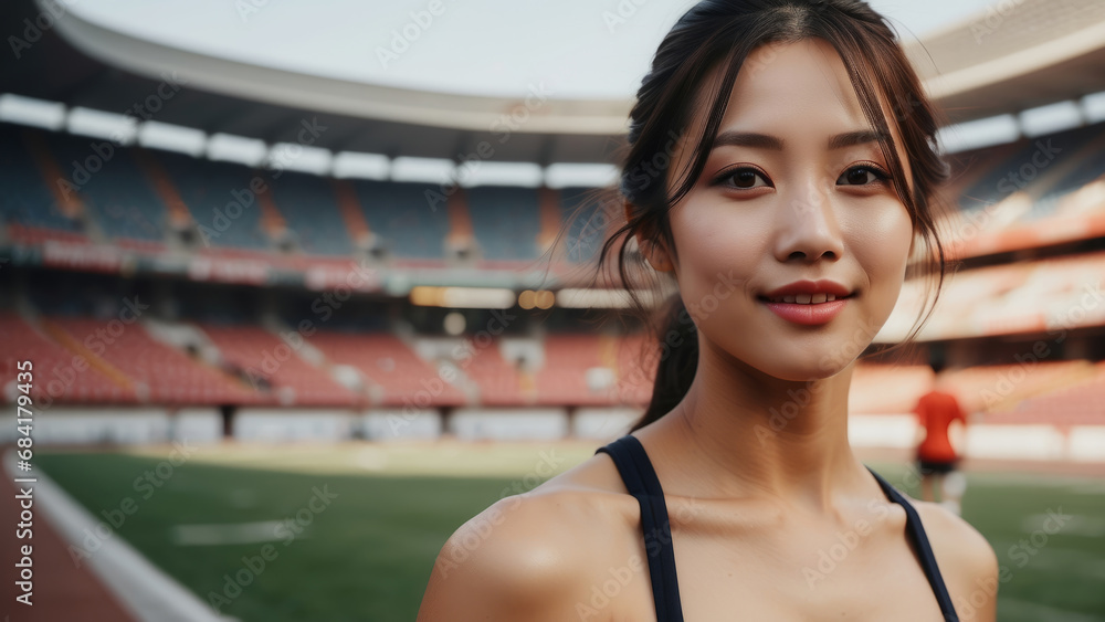 Asian woman athlete on the background of the stadium. The girl is a professional running training. The girl is a football fan. Olympic Games banner. portrait close-up Asian woman athlete on the background of the stadium. The girl is a professional running training. The girl is a football fan. Olympic Games banner. portrait close-up