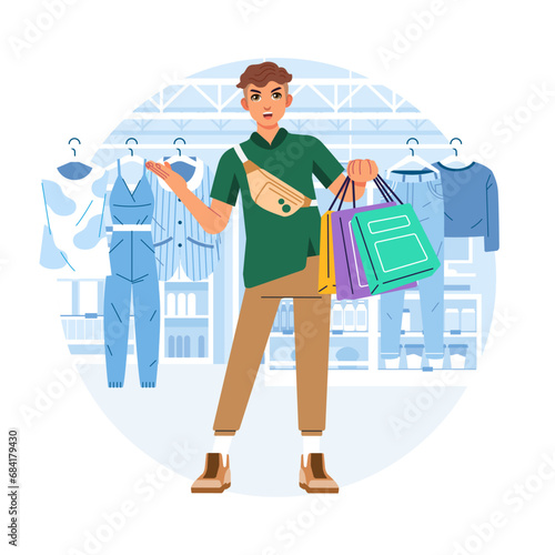 Young happiness joyful shopaholic stylish fashionable man at retail mall store carrying shopping bags