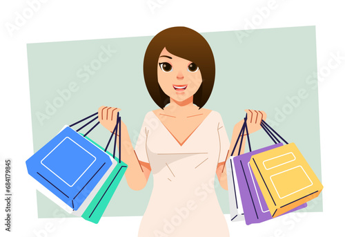Young happiness joyful shopaholic stylish fashionable woman at retail mall store carrying shopping bags