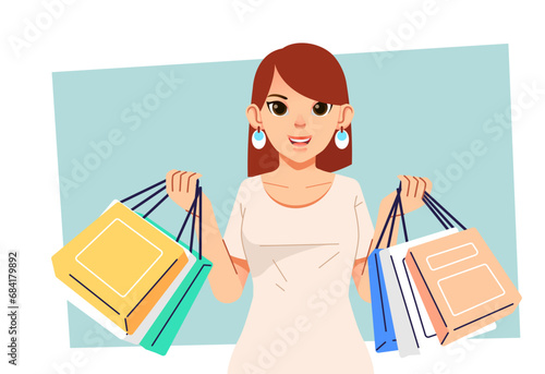 Young happiness joyful shopaholic stylish fashionable woman at retail mall store carrying shopping bags