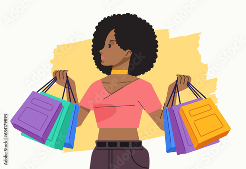 Young happiness joyful shopaholic stylish fashionable woman at retail mall store carrying shopping bags