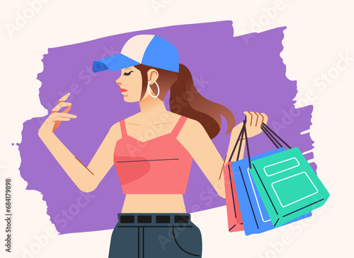 Young happiness joyful shopaholic stylish fashionable woman at retail mall store carrying shopping bags
