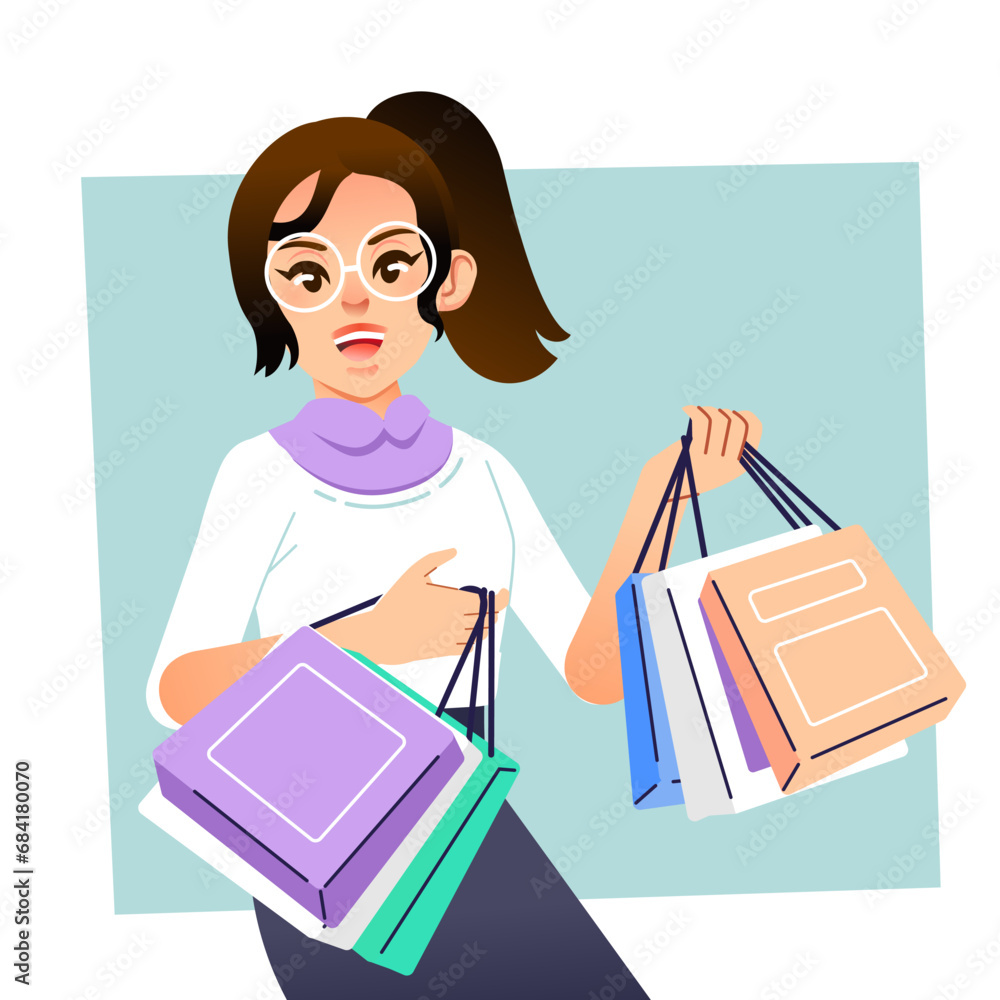 Young happiness joyful shopaholic stylish fashionable woman at retail mall store carrying shopping bags Young happiness joyful shopaholic stylish fashionable woman at retail mall store carrying shopping bags