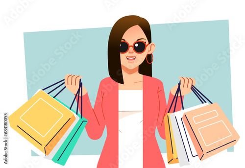 Young happiness joyful shopaholic stylish fashionable woman at retail mall store carrying shopping bags