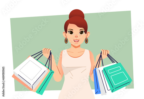 Young happiness joyful shopaholic stylish fashionable woman at retail mall store carrying shopping bags