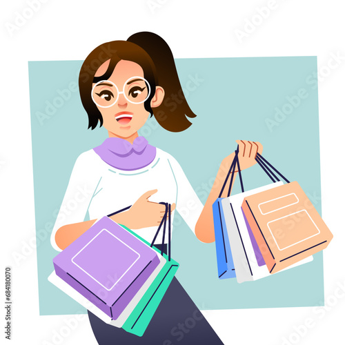 Young happiness joyful shopaholic stylish fashionable woman at retail mall store carrying shopping bags